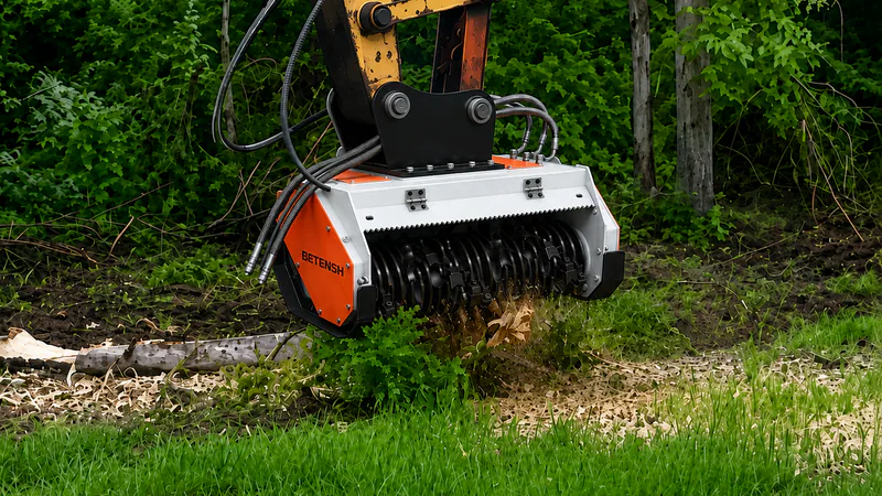 Excavator mulcher working among trees