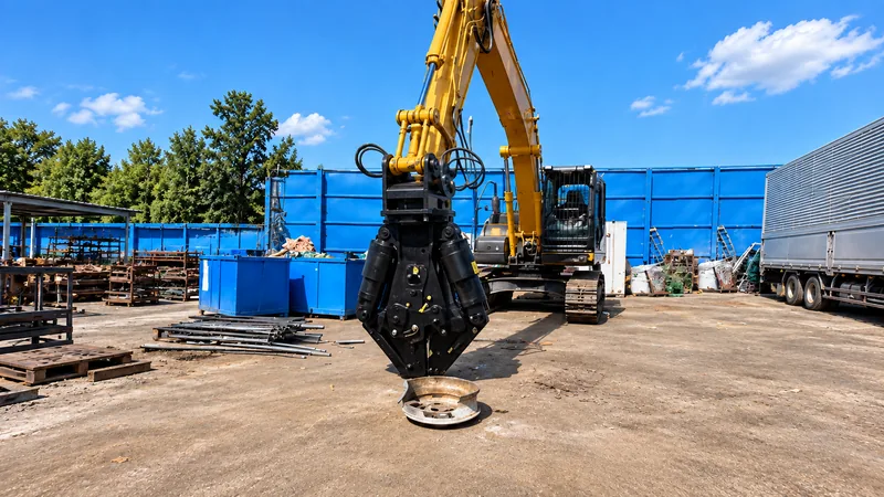 Excavator hydraulic shear at a scrap-metal recycling site