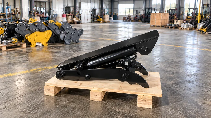 Weld-on excavator hydraulic thumb displayed in an industrial workshop