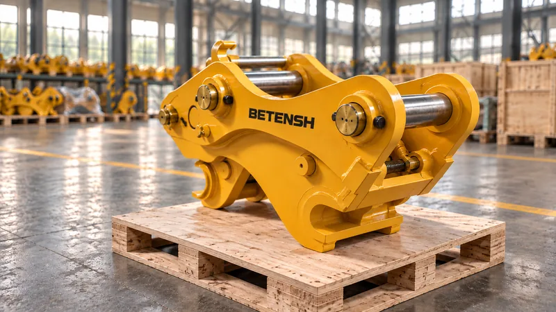 Excavator quick coupler displayed in an industrial workshop